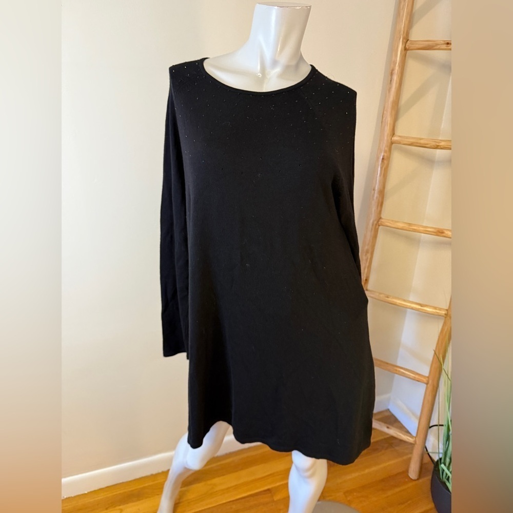 J Jill black L dressy sweater tunic sm black stones upper front/back rayon wool